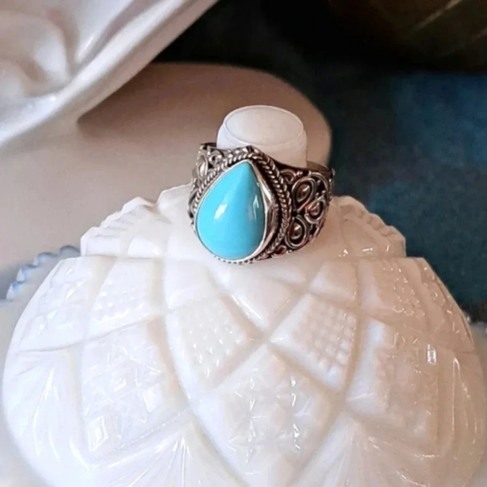 Natural Sleeping Beauty Turquoise Solitaire Ring In 925 Sterling Silver
